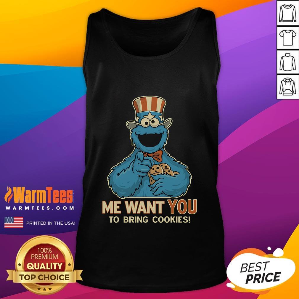 Funny Cookie Monster tank top featuring Me Want You To Bring Cookies text, perfect for cookie lovers and fans of humor.