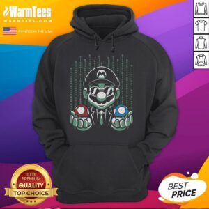 Funny Mario Matrix hoodie featuring blue and red pill mushrooms, perfect for gamers and movie fans.