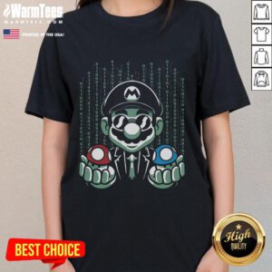 Funny Mario Matrix blue pill and red pill mushroom graphic on a ladies' tee, perfect for gamers and movie fans.