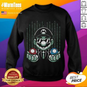 Funny Mario Matrix sweatshirt featuring blue and red pill mushrooms, perfect for gamers and movie fans.