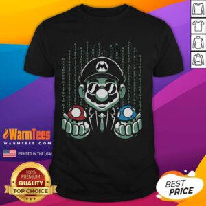 Funny Mario Matrix T-Shirt featuring blue and red pills with a mushroom design, perfect for gamers and fans of the Matrix.