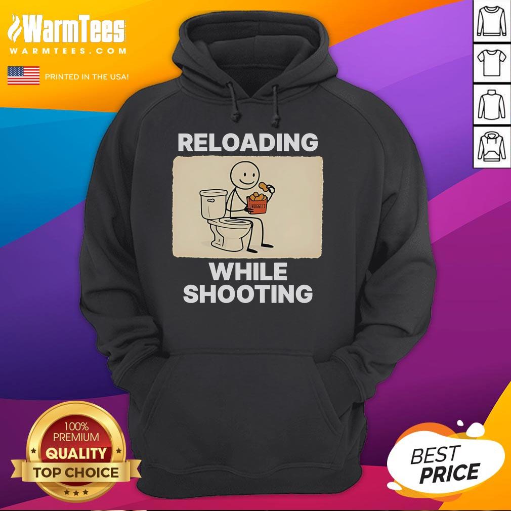 Funny reloading while shooting toilet humor hoodie featuring a playful design for comedy lovers and firearm enthusiasts.