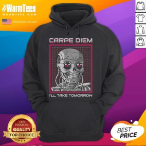Funny Rise Of The Cute Machine hoodie featuring 'Carpe Diem, I'll Take Tomorrow' slogan in vibrant colors.