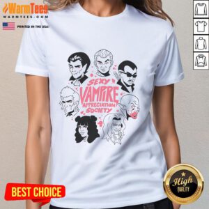 Funny Sexy Vampire Appreciation Society tee featuring playful mosquitoes design for ladies, perfect for Halloween and casual wear.