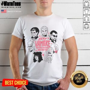 Alt Text: Funny Sexy Vampire Appreciation Society T-Shirt featuring playful mosquito graphics and humorous text design.
