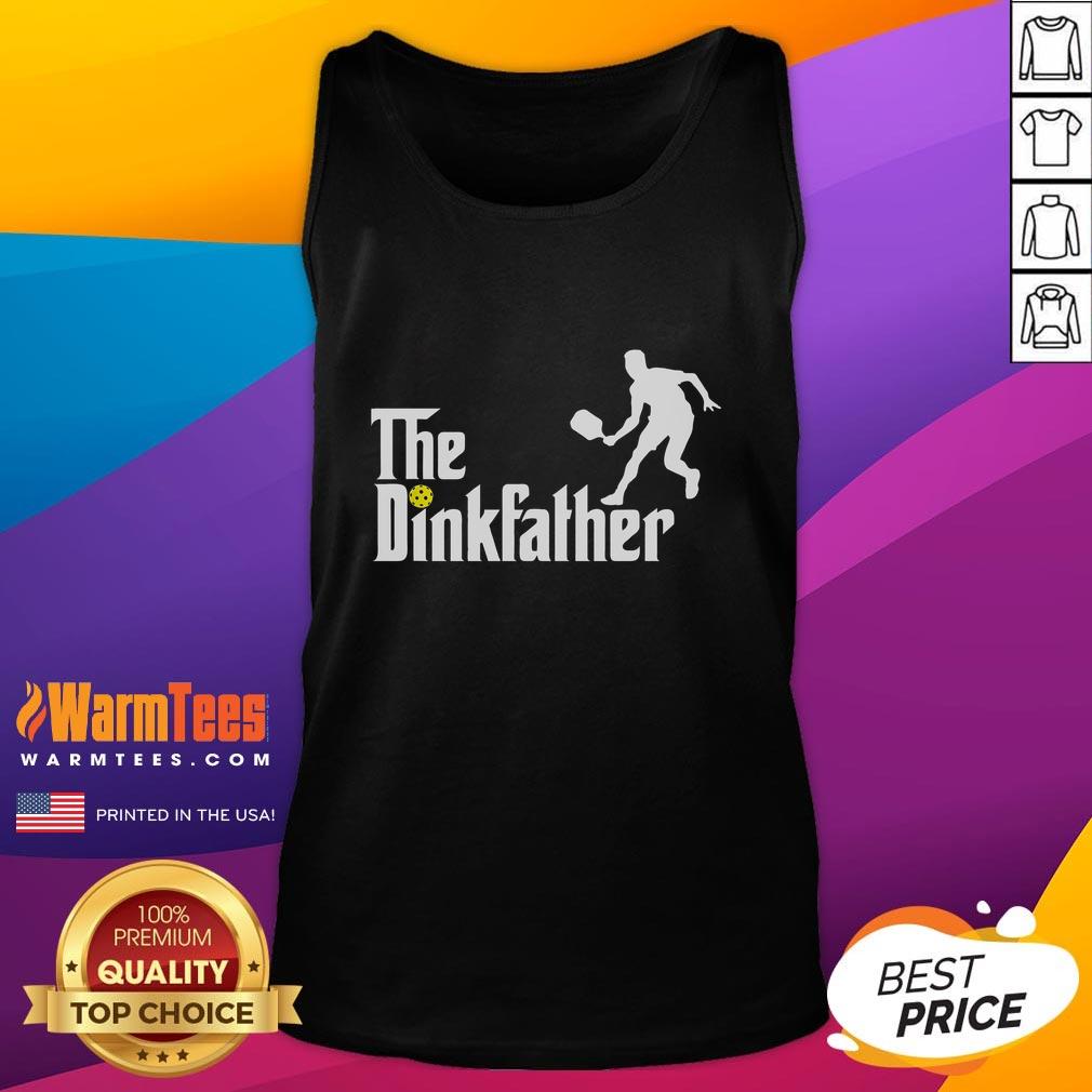 Funny pickleball dad wearing a tank top with 'The Dink Father' graphic, perfect for pickleball enthusiasts.