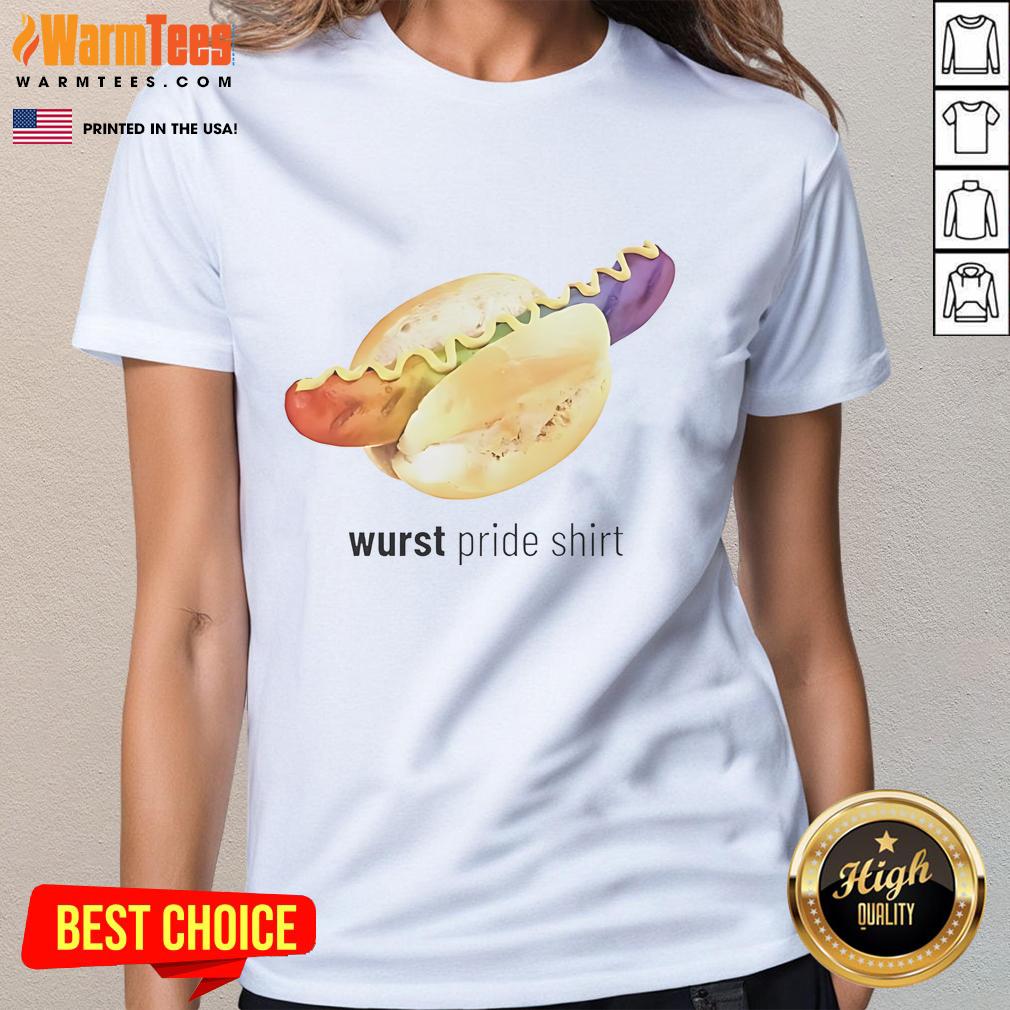 Funny Wurst Pride Ladies Tee featuring vibrant graphics and a humorous design perfect for LGBTQ+ celebrations.