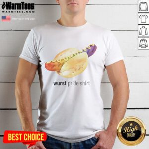 Alt Text: Funny Wurst Pride T-Shirt featuring a colorful sausage graphic, perfect for food lovers and pride celebrations.