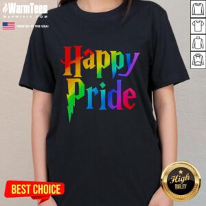 Happy Pride Harry Wizard Ladies Tee featuring vibrant colors and a magical design celebrating LGBTQ+ pride.