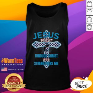 Good Miami Marlins Jesus tank top featuring 'Through Christ Who Strengthens Me' design for sports and faith enthusiasts.