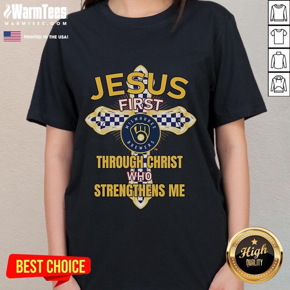 Good Milwaukee Brewers Jesus tee for women featuring 'Through Christ Who Strengthens Me' design in vibrant colors.