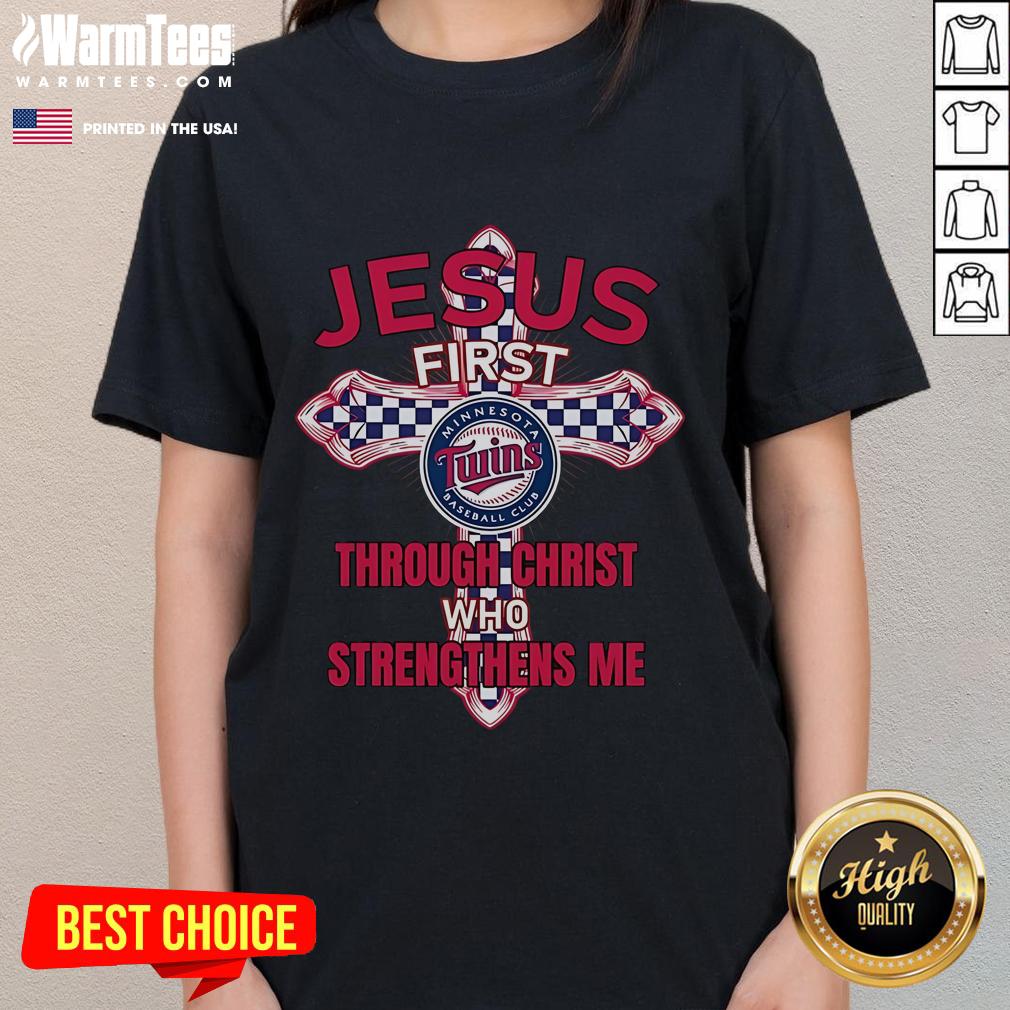 Good Minnesota Twins ladies tee featuring 'Through Christ Who Strengthens Me' for passionate fans and believers.