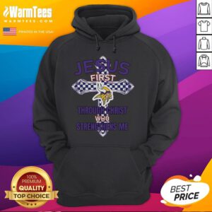 Good Minnesota Vikings Jesus hoodie featuring 'I can do all things through Christ who strengthens me' design.