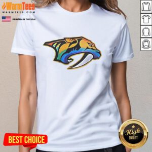 Good Roman Josi wearing Nashville Predators Happy Pride Month 2025 logo ladies tee, celebrating inclusivity and pride.