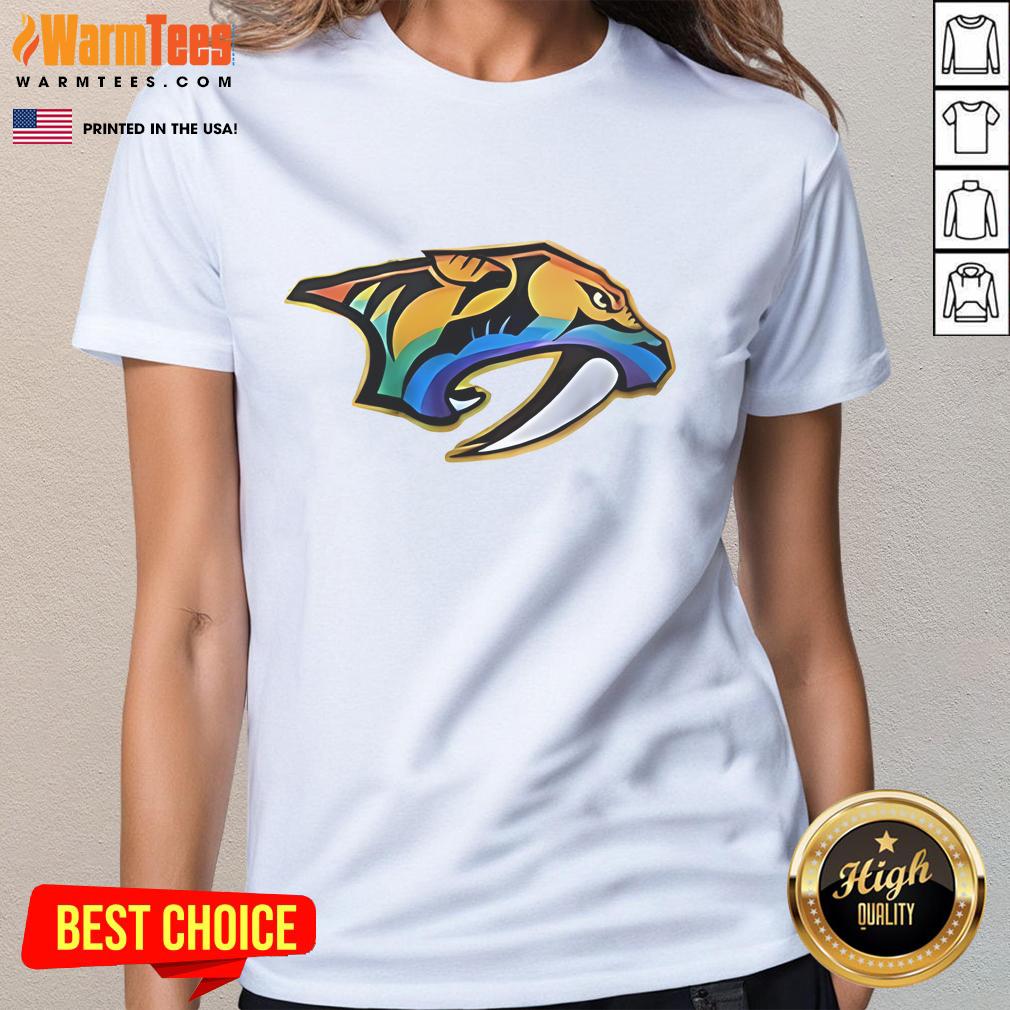 Good Roman Josi wearing Nashville Predators Happy Pride Month 2025 logo ladies tee, celebrating inclusivity and pride.