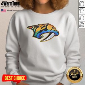 Alt Text: Good Roman Josi proudly wearing a Nashville Predators Happy Pride Month 2025 logo sweatshirt, showcasing team spirit.