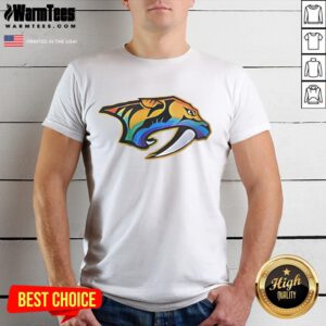 Good Roman Josi wearing Nashville Predators Happy Pride Month 2025 logo T-shirt, celebrating inclusivity and pride.