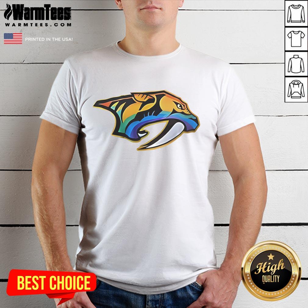 Good Roman Josi wearing Nashville Predators Happy Pride Month 2025 logo T-shirt, celebrating inclusivity and pride.