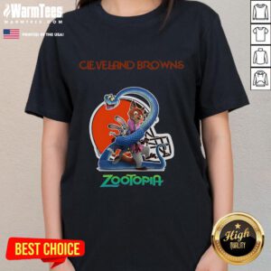 Happy Cleveland Browns Zootopia 2 ladies tee featuring vibrant colors and playful design, perfect for fans and casual wear.
