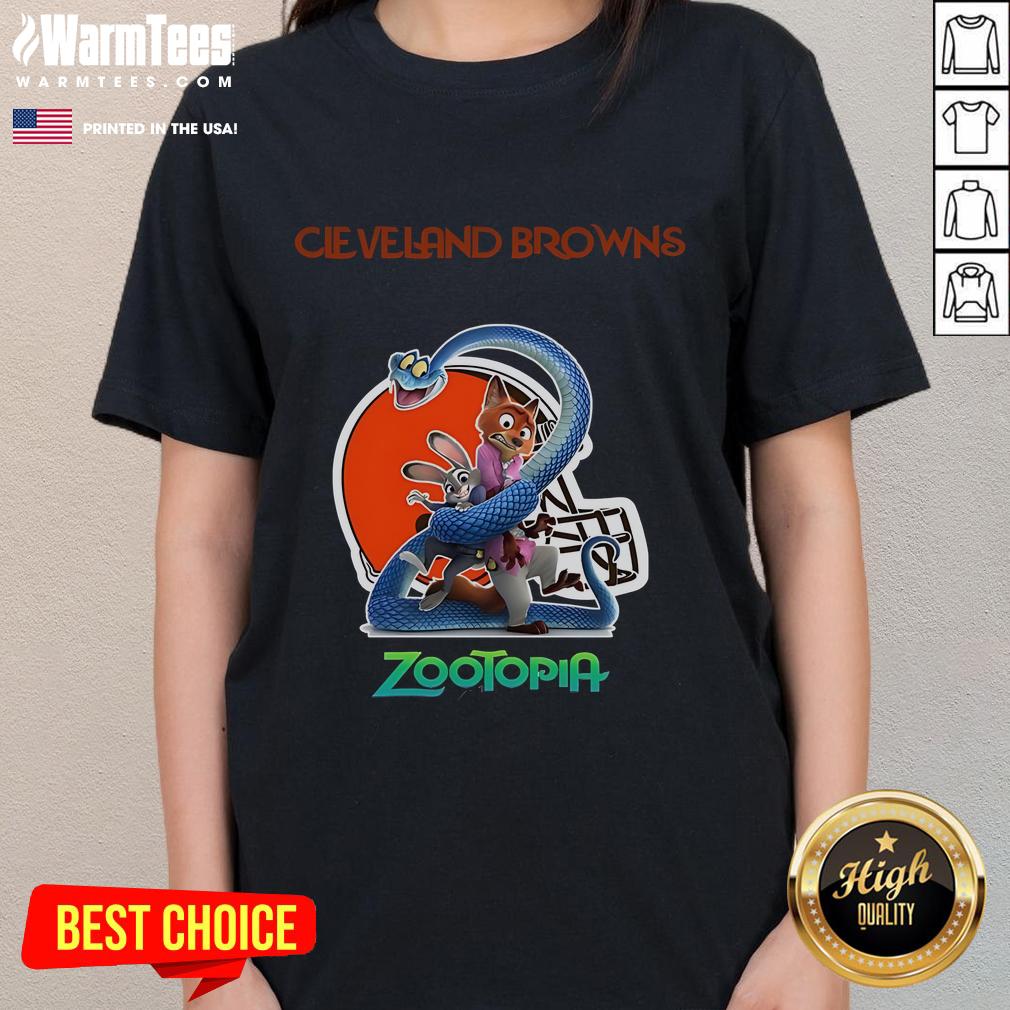 Happy Cleveland Browns Zootopia 2 ladies tee featuring vibrant colors and playful design, perfect for fans and casual wear.