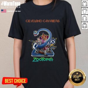 Happy Cleveland Cavaliers Zootopia 2 ladies tee featuring vibrant colors and a fun design, perfect for fans.