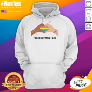 Alt Text: Person wearing a 'Happy Proud Of Who I Am' LGBTQ hoodie, showcasing vibrant colors and a positive message.
