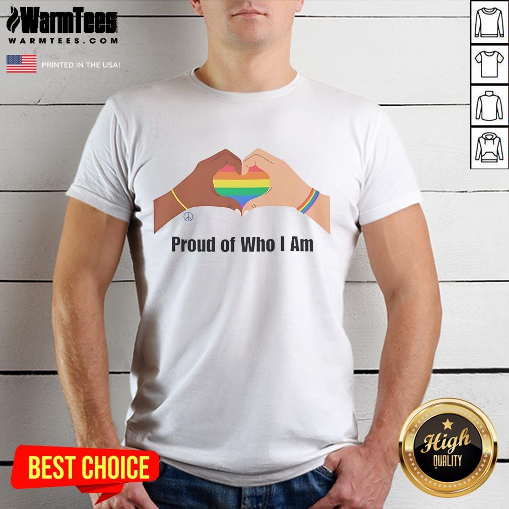 Alt Text: Happy Proud Of Who I Am LGBTQ T-Shirt featuring vibrant colors and a bold design celebrating LGBTQ pride.