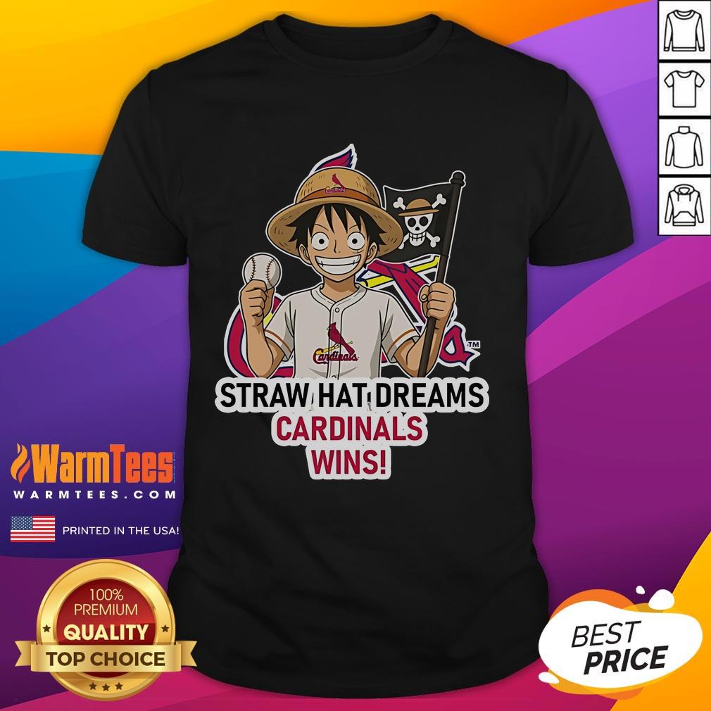 Happy St. Louis Cardinals Monkey D. Luffy in Straw Hat Dreams T-Shirt, perfect for fans celebrating baseball and anime.