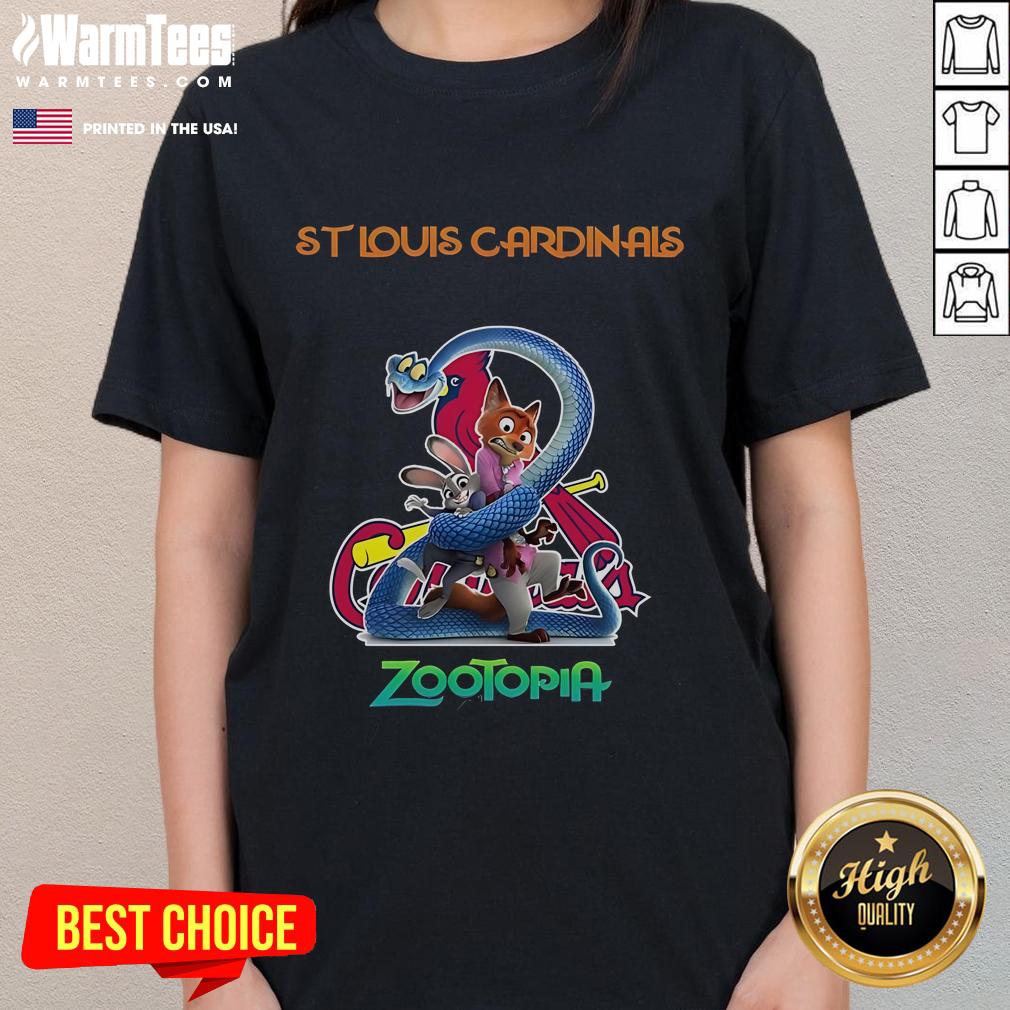 Happy St. Louis Cardinals Zootopia 2 ladies tee featuring vibrant graphics and a comfortable fit for fans.