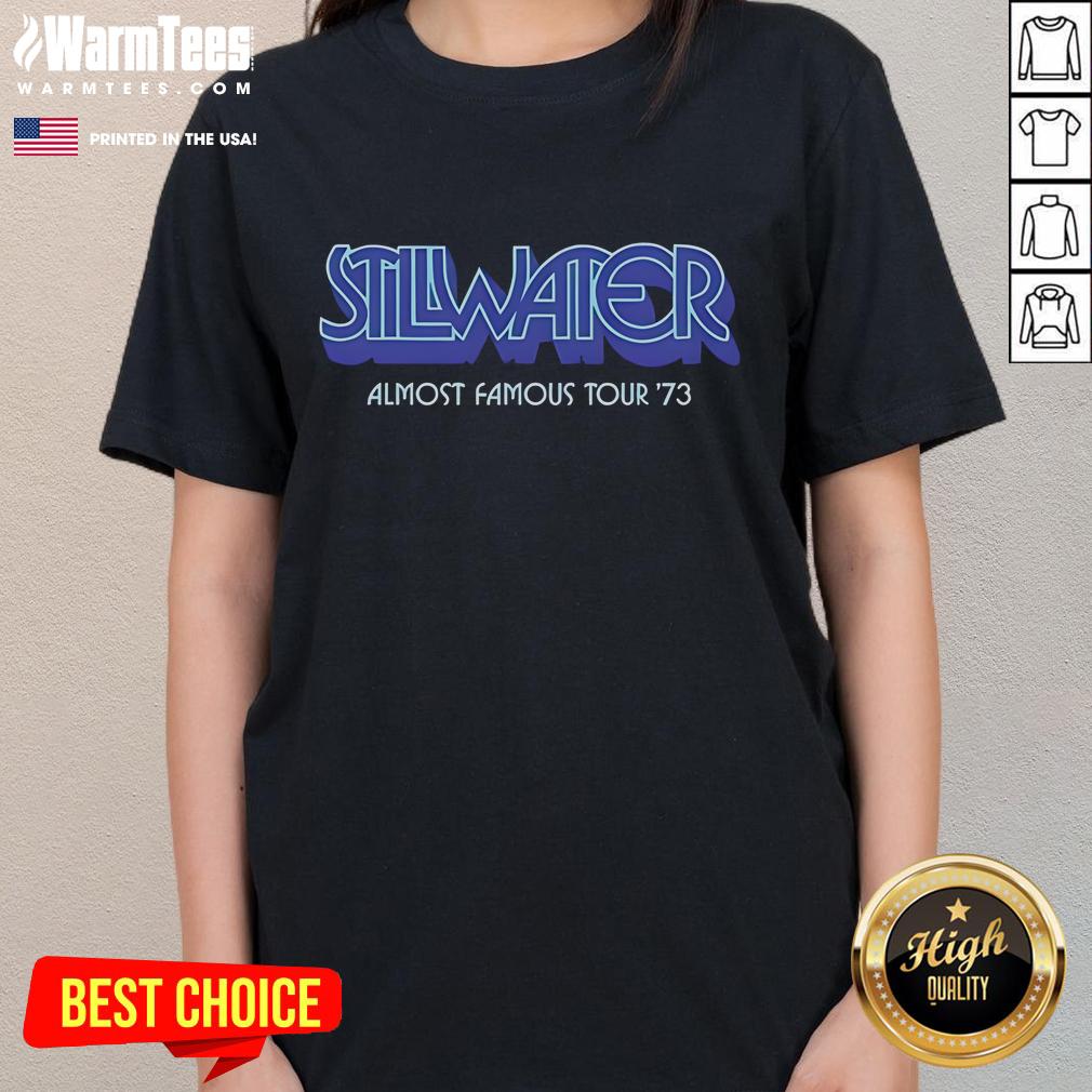 Happy Stillwater Almost Famous Tour 73 Ladies Tee featuring a vibrant design and lightweight fabric, perfect for fans.