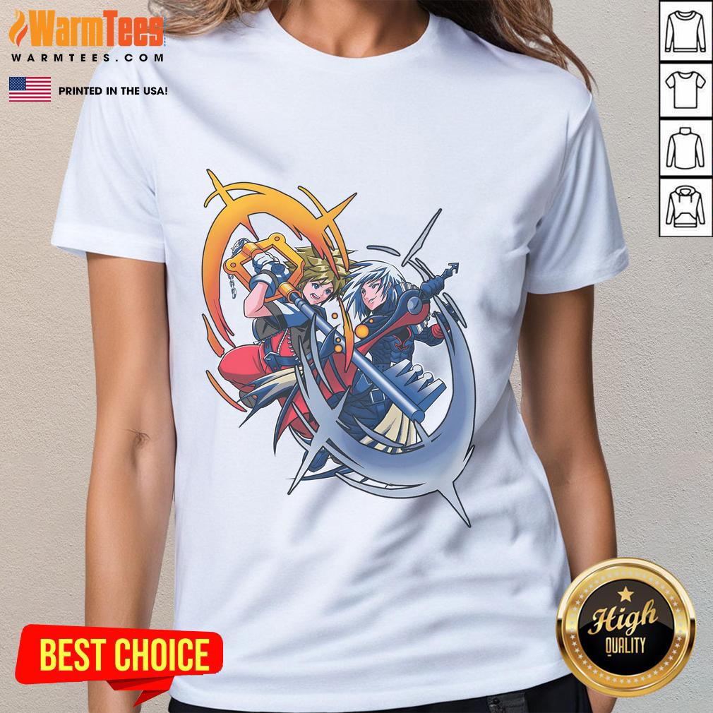 Nice Sora vs Riku rivalry battle in Kingdom Hearts keyblade duel on a stylish ladies tee.