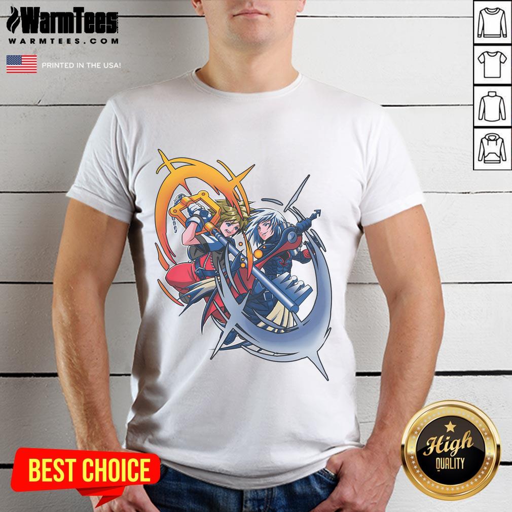 Nice Sora vs Riku rival battle Keyblade duel t-shirt design from Kingdom Hearts featuring iconic characters in action.