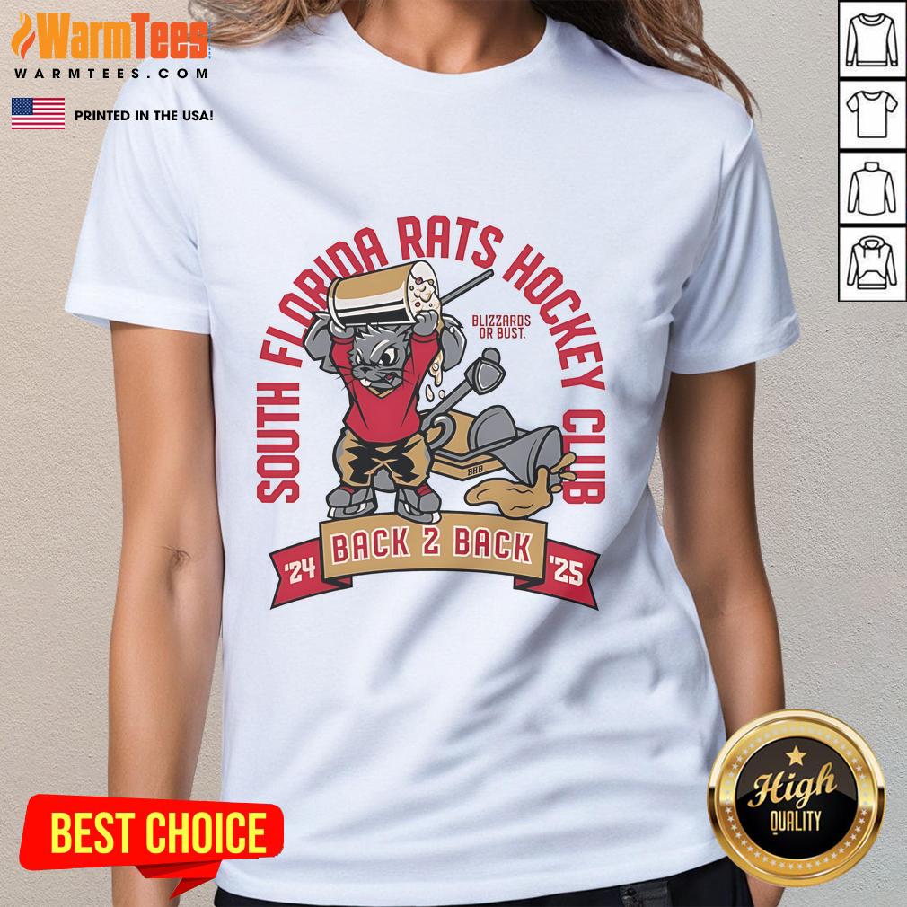 Nice South Florida Rats Hockey Club Back 2 Back 24-25 mascot ladies tee featuring vibrant team colors and logo design.