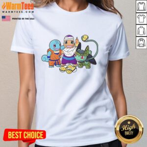 Colorful ladies tee featuring Squirtle, Goku, Charmander, Piccolo, Bulbasaur, and Cell from Dragon Ball and Pokemon.