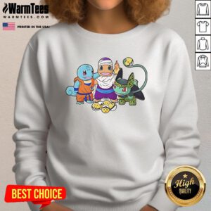 Colorful sweatshirt featuring Squirtle, Goku, Charmander, Piccolo, Bulbasaur, and Cell from Dragon Ball and Pokmon.