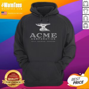 Official ACME Corporation hoodie featuring anvils, explosives, and detonators design for fans of classic cartoons.