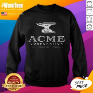 Official ACME Corporation sweatshirt featuring anvils, explosives, and detonators design, perfect for fans and collectors.