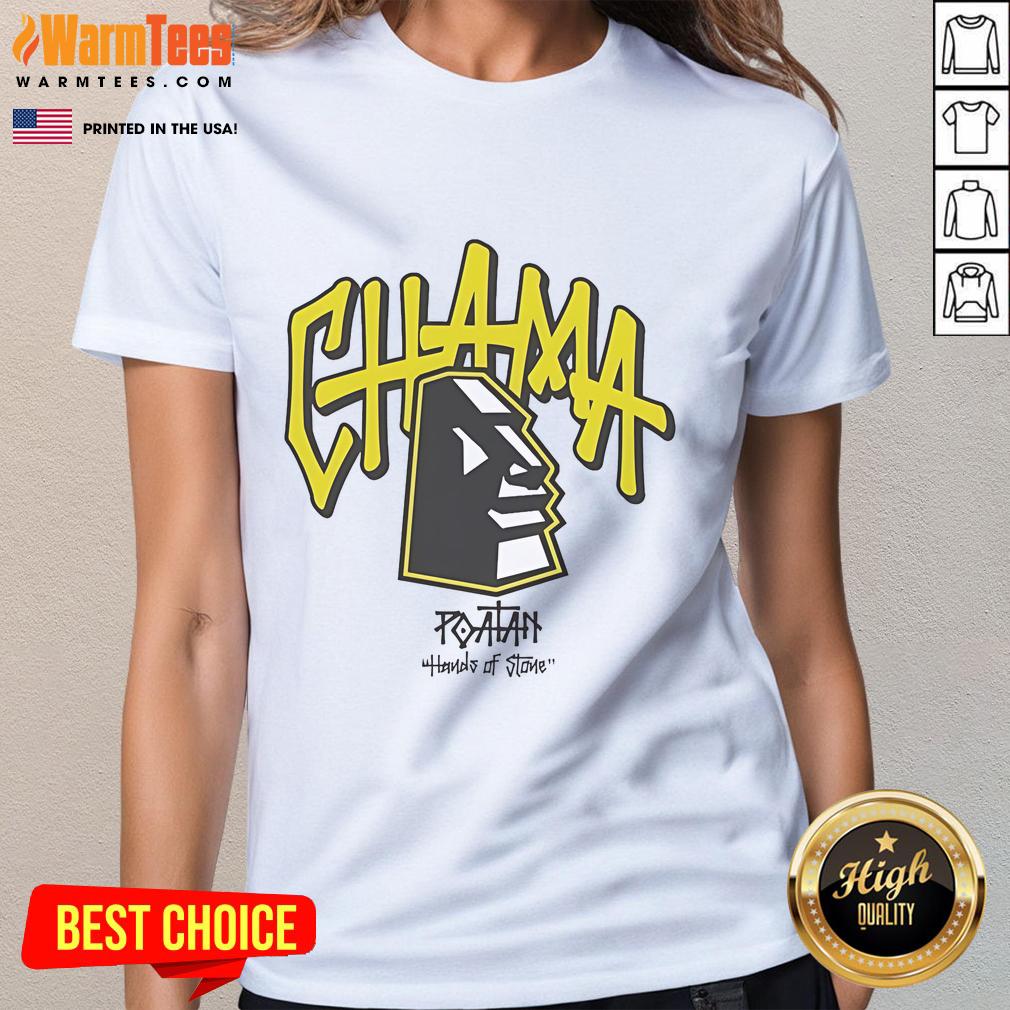Official Alex Pereira Poatan Hands of Stone Chama Block Ladies Tee featuring vibrant design and comfortable fit.