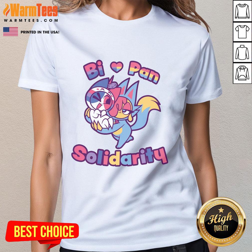 Alt Text: Official Bi Love Pan Solidarity Ladies Tee featuring vibrant colors and inclusive design for LGBTQ+ pride.