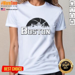 Official Boston Cityscape Skyline Ladies Tee featuring a stylish design of Boston's iconic skyline.