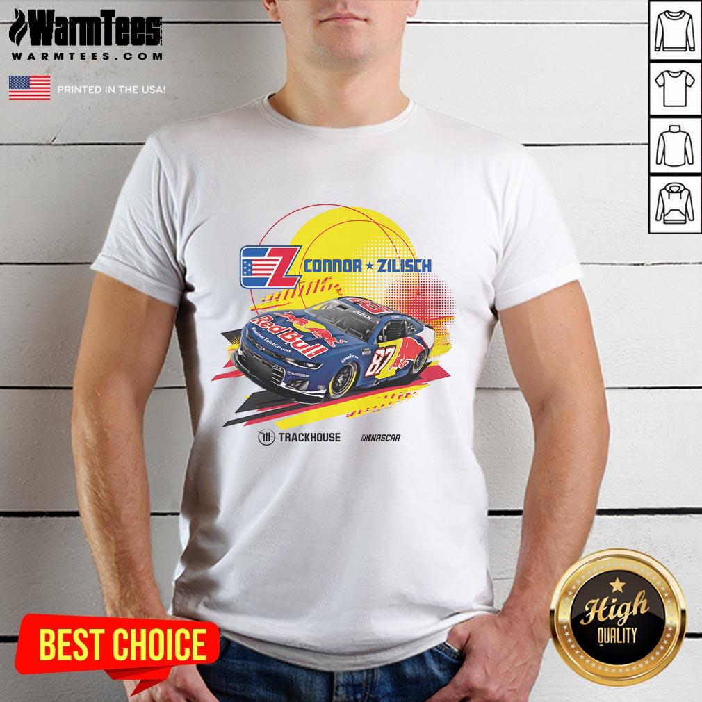 Alt Text: Official Connor Zilisch Cota Red Bull Trackhouse Nascar T-Shirt featuring vibrant graphics and racer details.