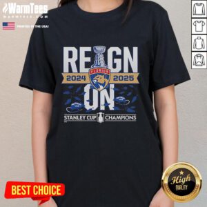 Official Florida Panthers 2024-2025 Back-to-Back Stanley Cup Champions reign on stylish ladies' tee design.
