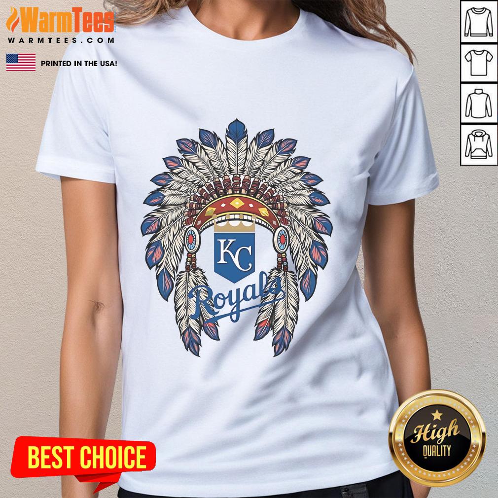 Alt Text: Official Kansas City Royals Native American logo on a stylish ladies tee, perfect for baseball fans and collectors.