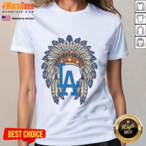 Official Los Angeles Dodgers Native American logo ladies tee featuring vibrant team colors and stylish design.