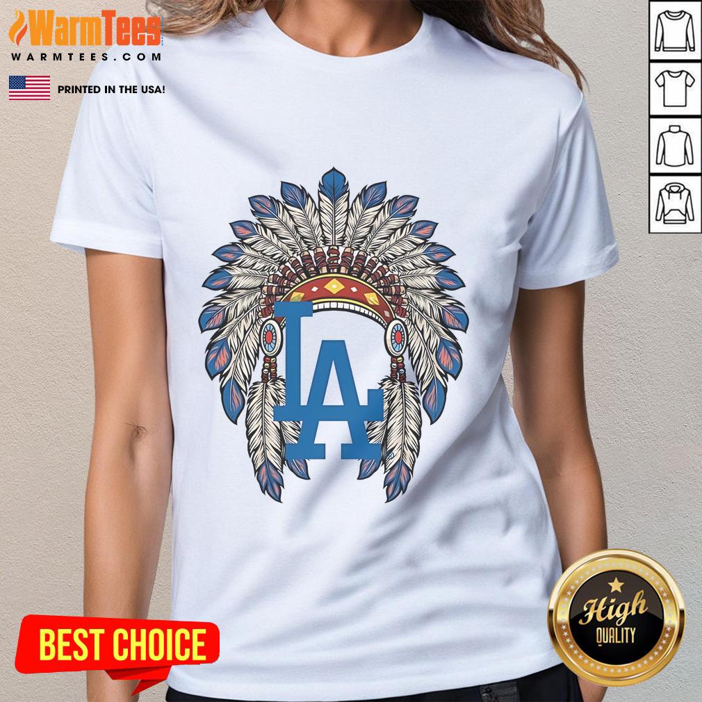 Official Los Angeles Dodgers Native American logo ladies tee featuring vibrant team colors and stylish design.