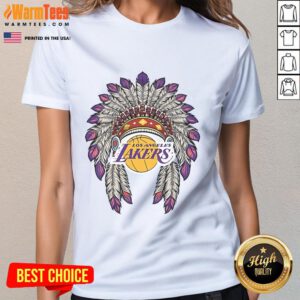 Official Los Angeles Lakers Native American logo ladies tee featuring vibrant colors and stylish design for fans.