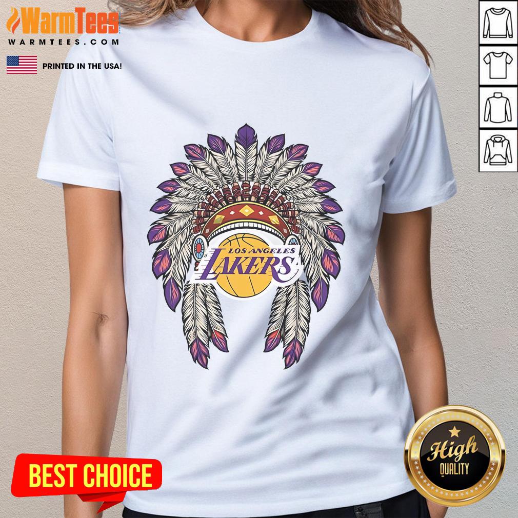 Official Los Angeles Lakers Native American logo ladies tee featuring vibrant colors and stylish design for fans.