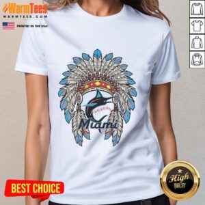 Official Miami Marlins Native American logo on a stylish ladies tee, perfect for fans and casual wear.
