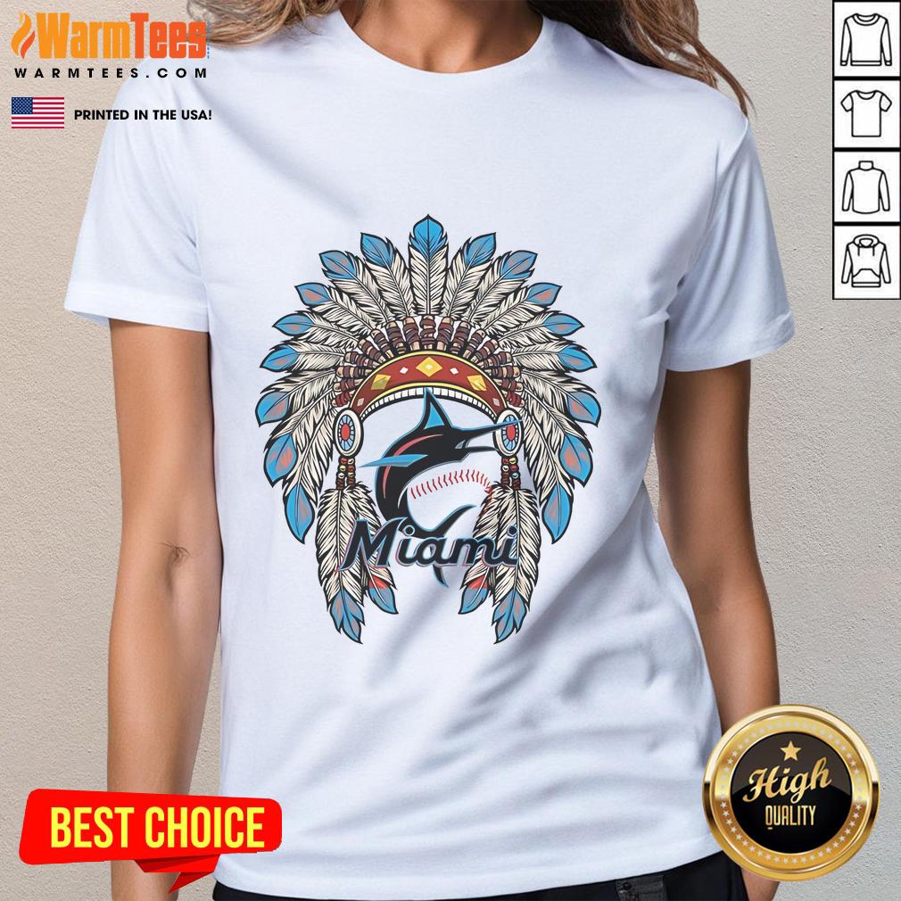 Official Miami Marlins Native American logo on a stylish ladies tee, perfect for fans and casual wear.
