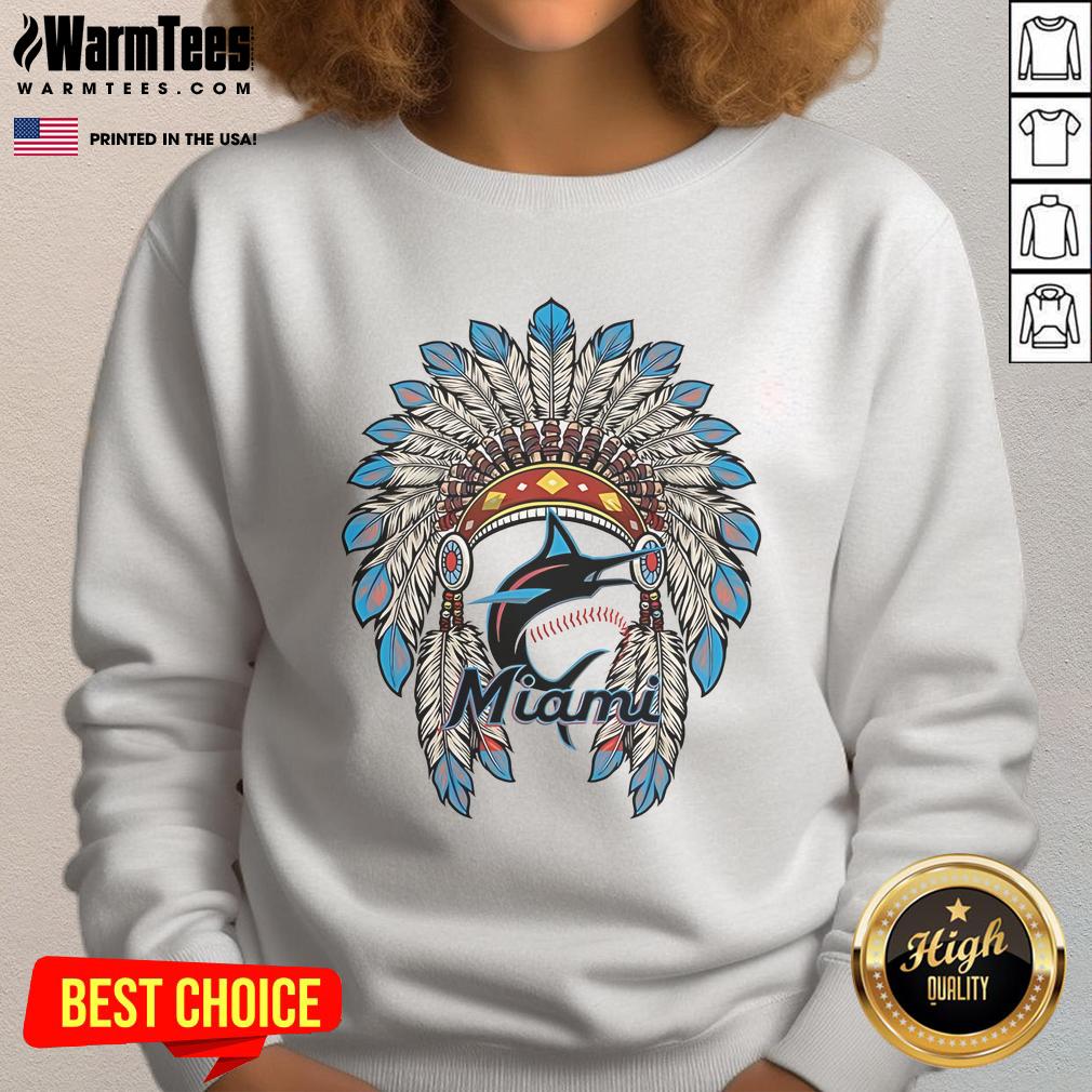 Alt Text: Official Miami Marlins Native American Logo Sweatshirt featuring vibrant team colors and unique design.